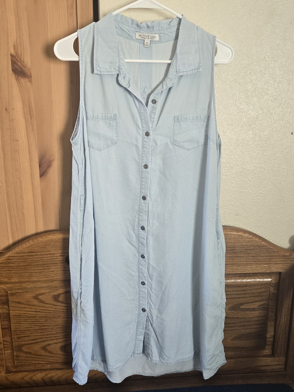 Active USA Womens Med Sleeveless Chambray button down tunic Shirt Dress collared